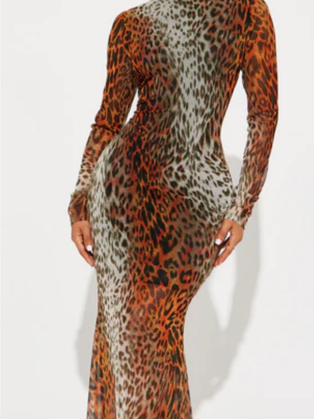 Leopard Print Long Sleeve Maxi Dress - Orange